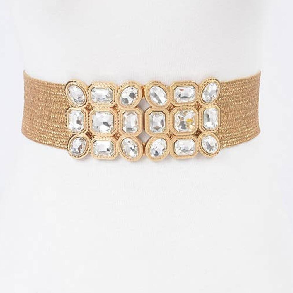 Rhinestone & Metallic Straw Stretch Belt in Gold